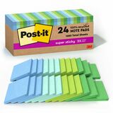 Post-it Recycled Super Sticky Notes - 70 - 3" x 3" - Square - 70 Sheets per Pad - Assorted Oasis - Adhesive - 24 / Pack - Recycled