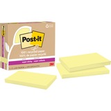 Post-it Recycled Super Sticky Notes - 90 - 3" x 5" - Rectangle - 90 Sheets per Pad - Canary Yellow - Adhesive - 5 / Pack - Recycled
