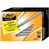 BIC Round Stic Ballpoint Pens - Medium Pen Point - Black - Black Barrel - Brass Tip - 60 / Box