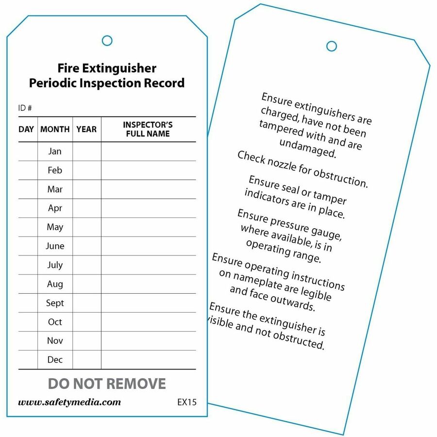 Safety Media Inspection Record Tag - Metal Clip Fastener - Paper - Black, White - 25 / Pack