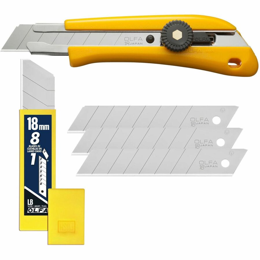 Olfa 18mm BN-L Ratchet Lock Utility Knife With a 10-Pack of Silver Snap Blades - Stainless Steel Blade - 8.75" (222.25 mm) Height x 1" (25.40 mm) Width x 3.75" (95.25 mm) Length - Durable, Heavy Duty, Ergonomic Design, Lockable Blade - Stainless Steel, AB