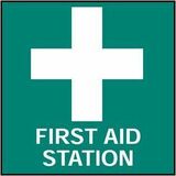 ICC First Aid Station Sign - Self Stick Vinyl, 7" x 7" , Self-Stick Vinyl - 7" (177.80 mm) Width x 7" (177.80 mm) Height x 60 mil (1.52 mm) Depth - White Print/Message Color - Self Sticking, Durable, Weather Resistant, Flexible, Permanent Adhesive, Adhesi