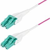 StarTech.com 50m (164ft) LC to LC (UPC) OM4 Multimode Fiber Optic Cable, Erika Violet, 50/125, 100G, Uniboot Fiber Jumper Cord, OFNR Riser - OM4 Multimode LC/LC-UPC Fiber Cable supports up to 100Gbps full duplex; TIA-standard Erika Violet for OM4 identification; 50/125µm core w/OFNR Riser jacket; Bandwidth: 2000MHz?km at 850nm w/VCSEL; Cable OD: 1.6mm; Temp Range: -20 to 60°C (-4 to 140F)