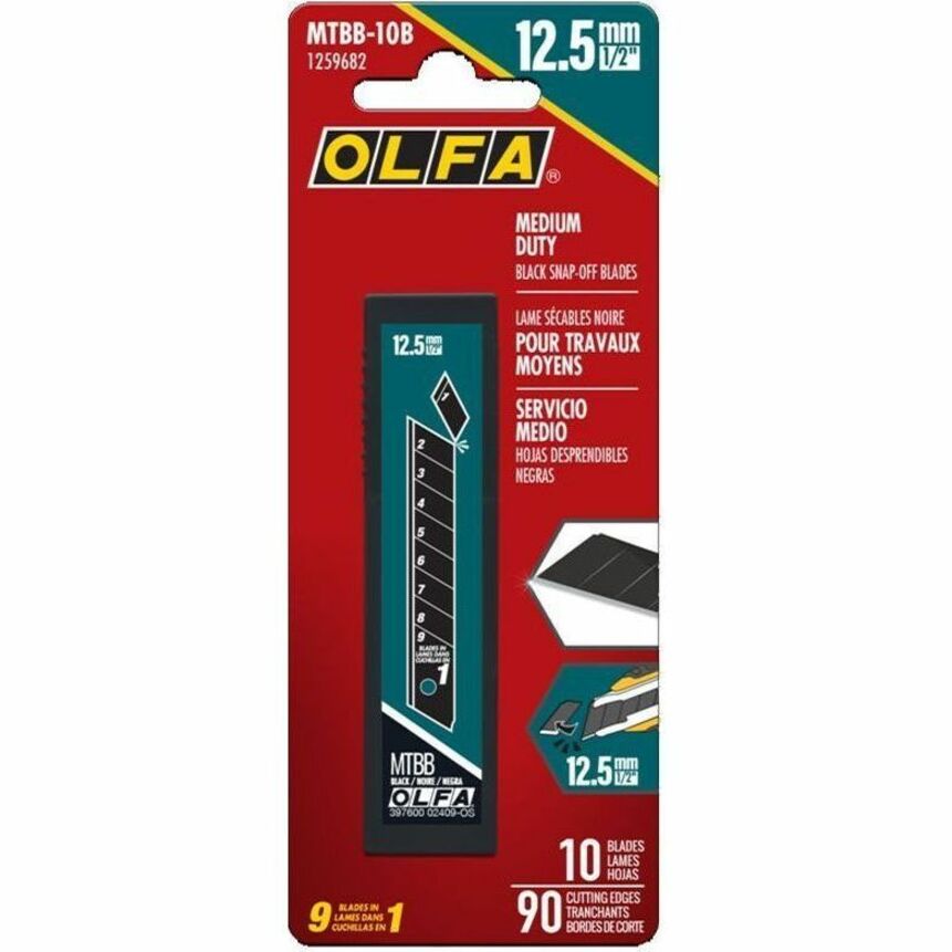 Olfa 12.5mm MTBB-10B Medium Duty Black Snap Blades, 10pk - 0.49" (12.50 mm) Length x 17.72 mil (0.45 mm) Thickness - Durable - Alloy Steel - Black - 10 Pack