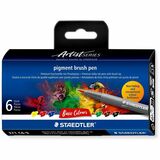 Staedtler pigment brush pen 371 - Yellow, Red, Blue, Green, Brown, Intense Black Ink - Pigment-based, Water Based - Plastic, Polypropylene Barrel - Fiber Tip - Drawing, Coloring, Sketching, Art, Project, Journaling - 6 / Pack