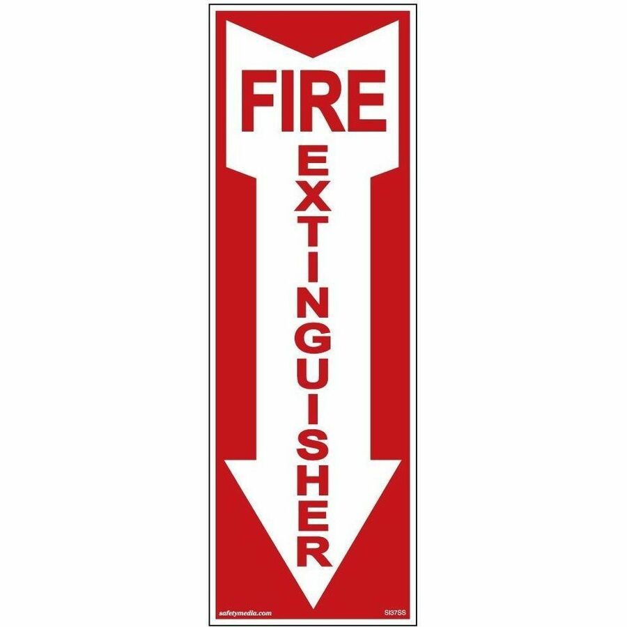 Safety Media Fire Extinguisher Vinyl Sticker - 4" (101.60 mm) Width x 12" (304.80 mm) Height x 10 mil (0.25 mm) Depth - Wall, Cabinet, Door - Adhesive, Self-adhesive - Fire Extinguisher, Indoor, Office, School, Warehouse - Vinyl - White