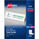 Avery Embossed Tent Cards - 97 Brightness - 3 1/2" x 11" - 50 / Box - Perforated, Heavyweight, Rounded Corner, Smudge-free, Jam-free, Embossed - White