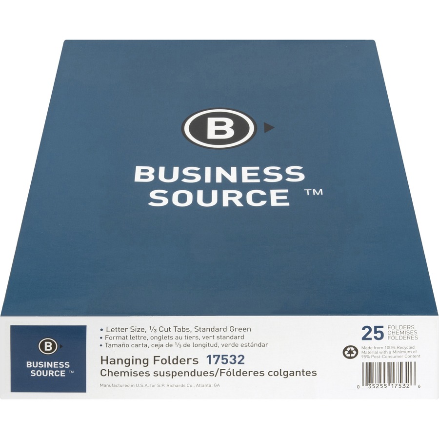 Picture of Business Source 1/3 Tab Cut Letter Recycled Hanging Folder