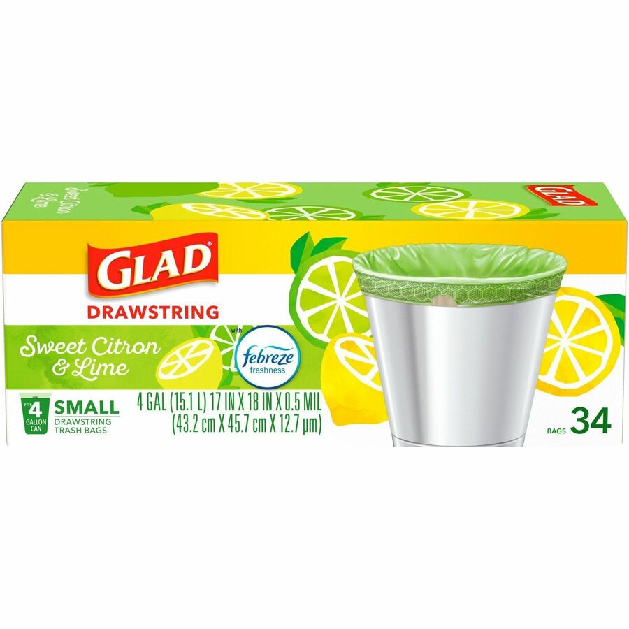 Glad 4 Gallon Small Drawstring Kitchen Trash Bags, Sweet Citron and Lime,  80 Bags