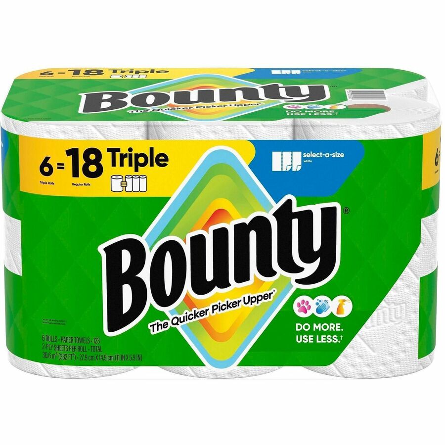 PGC16020 - Bounty Select-A-Size Paper Towels let you choose how much you need, depending on the size of the spill. Rolls of two-ply perforated towels deliver the same strength, absorbency and cloth-like durability you expect with Bounty towels so you can clean the mess with less. They are durable enough to tackle your toughest job. Super-absorbent towels handle spills fast with 25 percent thicker quilts so one sheet locks in the mess. Change the roll less often with these larger rolls. Each roll fits standard, kitchen towel dispensers for perforated rolls.   