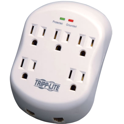 Eaton SK5TEL-0 wallmount surge protector with 5 outlets and RJ11 phone line protection — top view