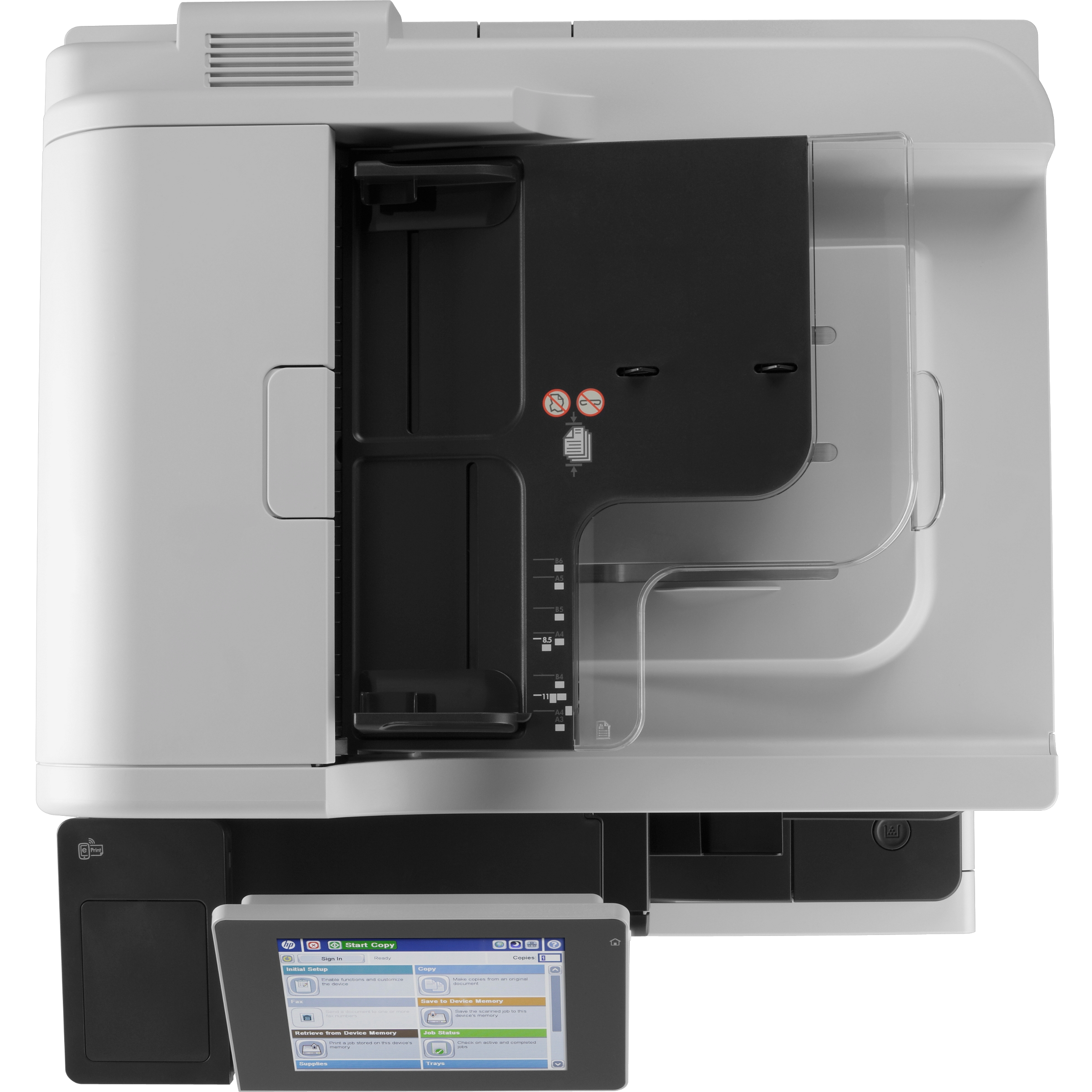 HP LaserJet Enterprise MFP M725z+ multifunction monochrome laser printer front view — top view