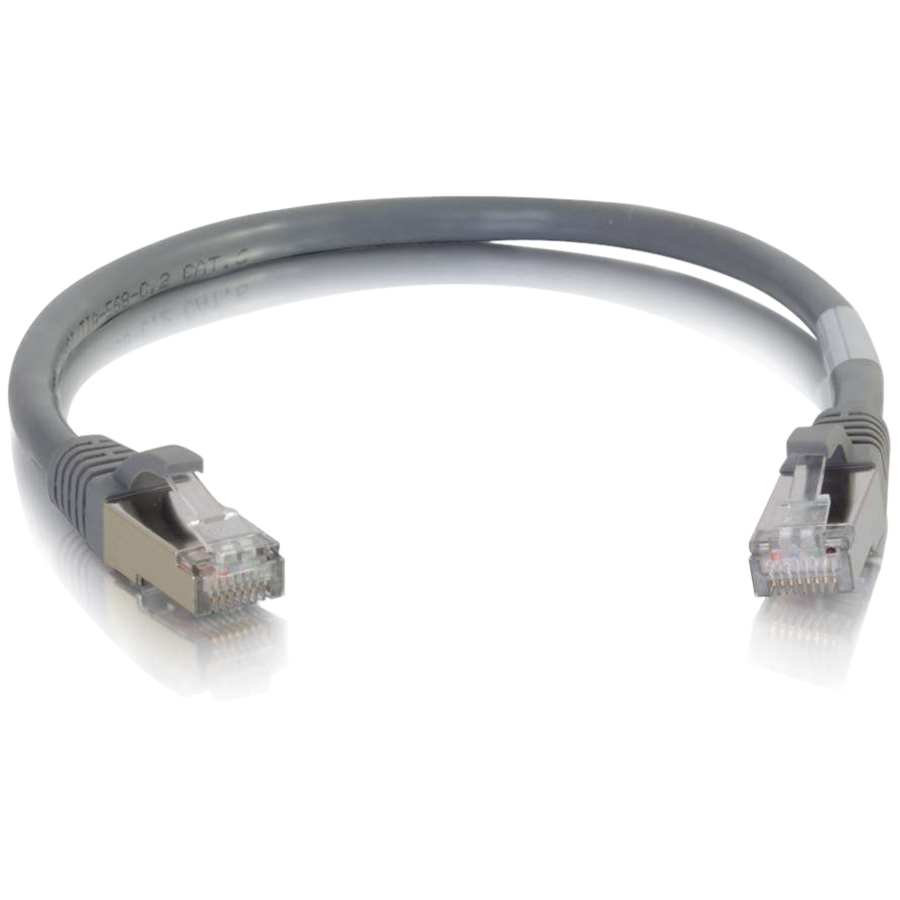 Gray 0.5 foot C2G Cat6A snagless shielded Ethernet patch cable with RJ-45 connectors — top view