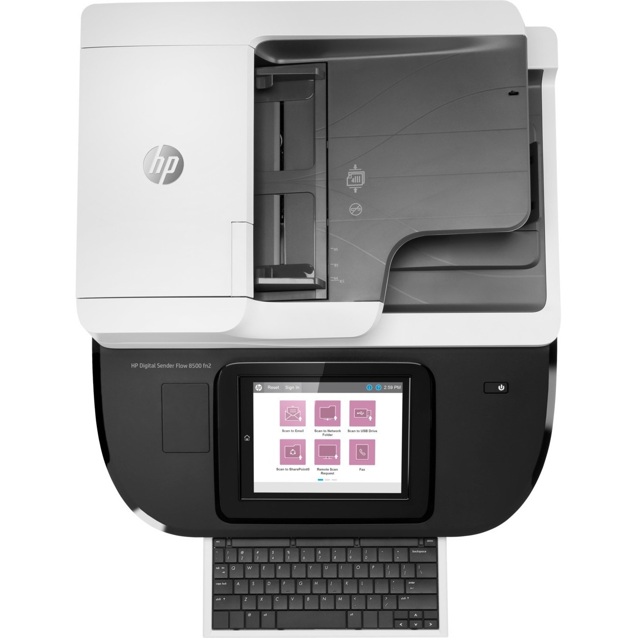 HP Digital Sender Flow 8500 fn2 desktop document scanner for office capture workflows — top view