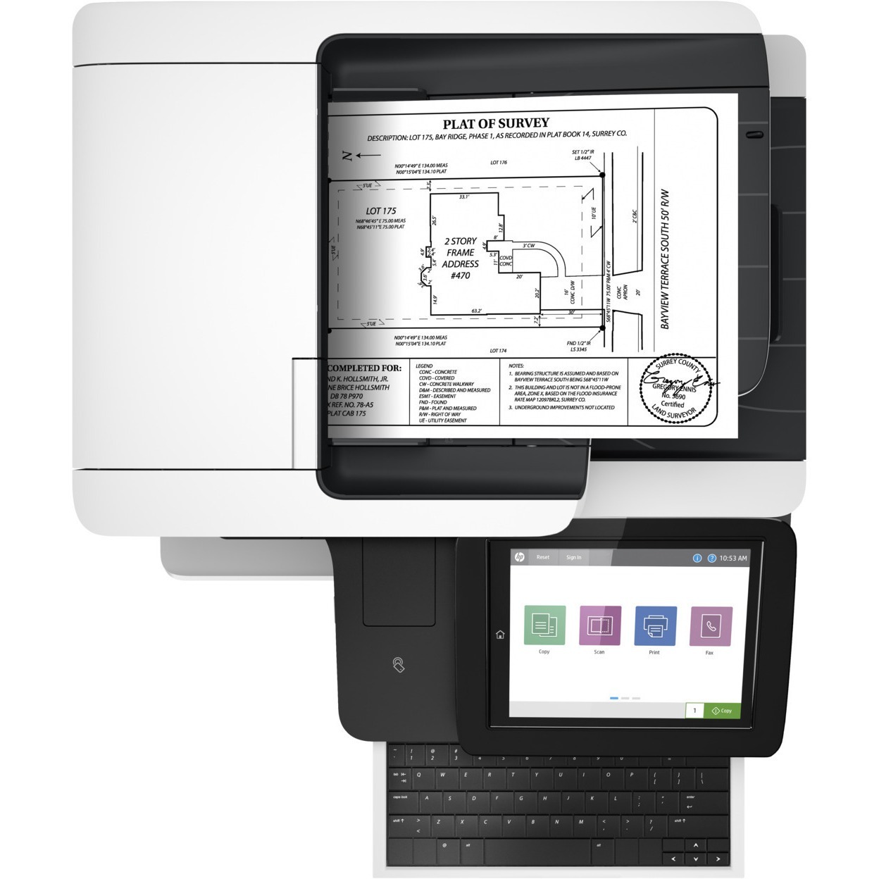 HP LaserJet Enterprise Flow MFP M528c monochrome multifunction printer for enterprise office workflows — top view