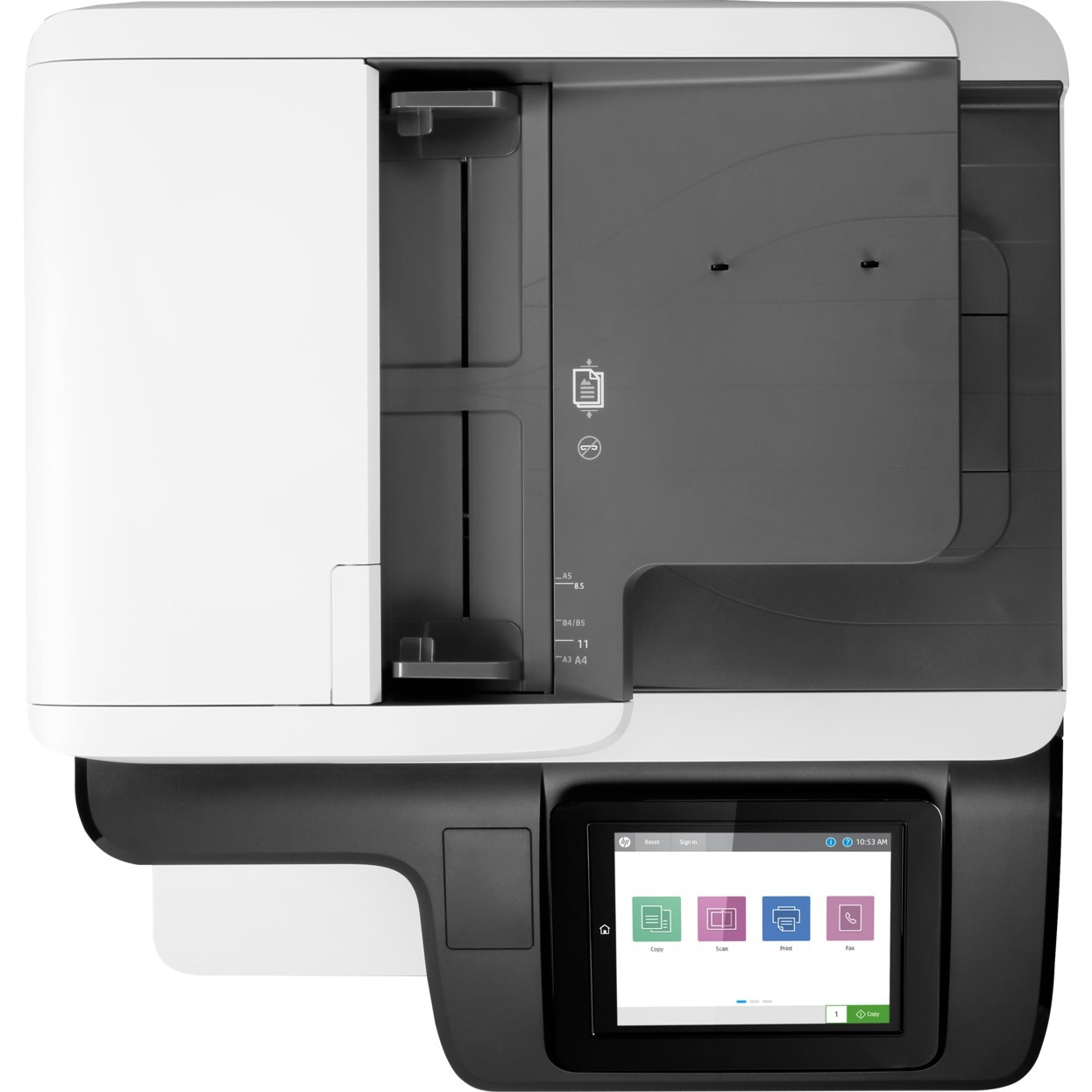 HP Color LaserJet Enterprise M776z color multifunction printer with touchscreen and large paper trays — top view