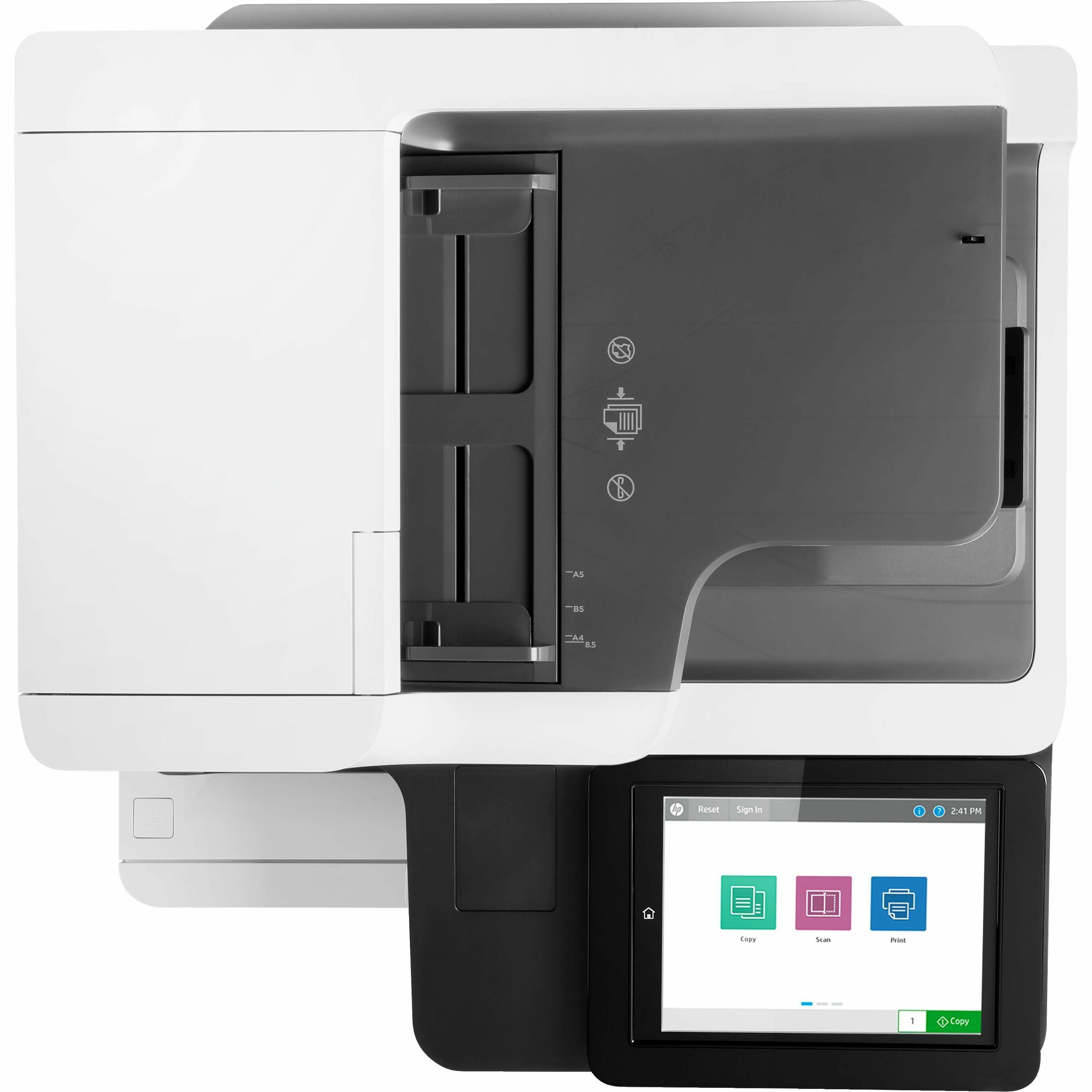 HP LaserJet Enterprise M635fht monochrome multifunction printer for enterprise print, scan, copy, and fax workflows — top view
