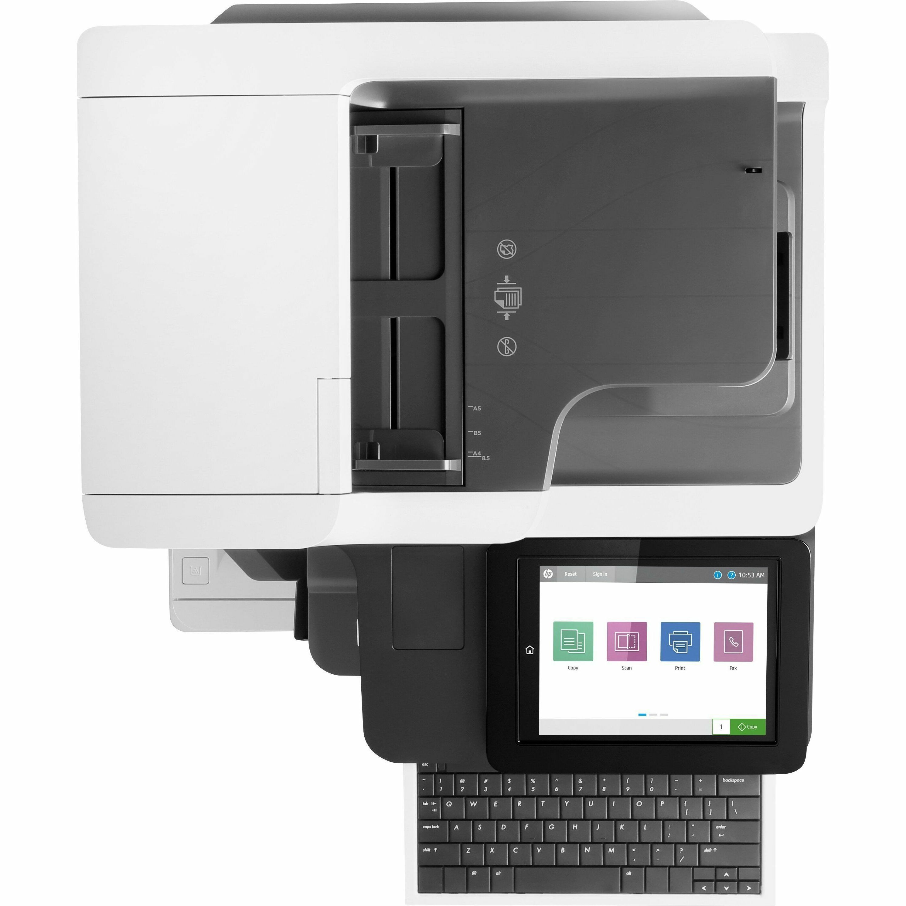HP LaserJet Enterprise Flow MFP M636z monochrome multifunction printer with duplex scanning for enterprise workflows — top view