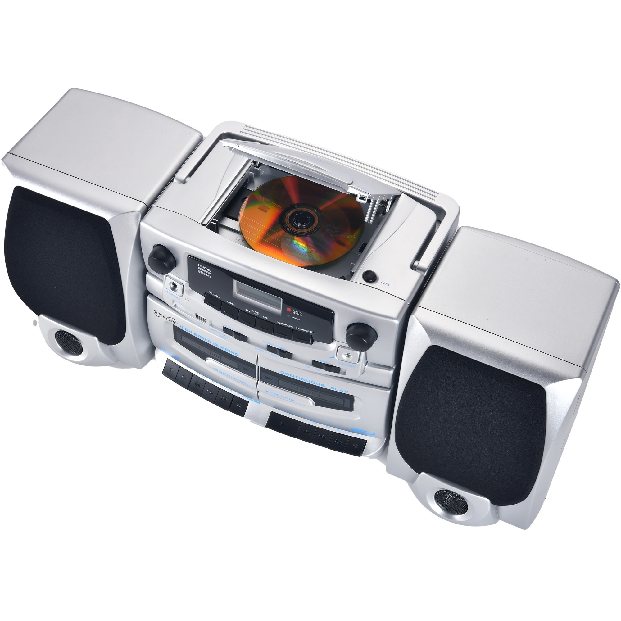 SUPERSONIC SC-2121BT Bluetooth audio system with CD player, cassette deck, AM/FM radio, USB input, and detachable speakers — top view
