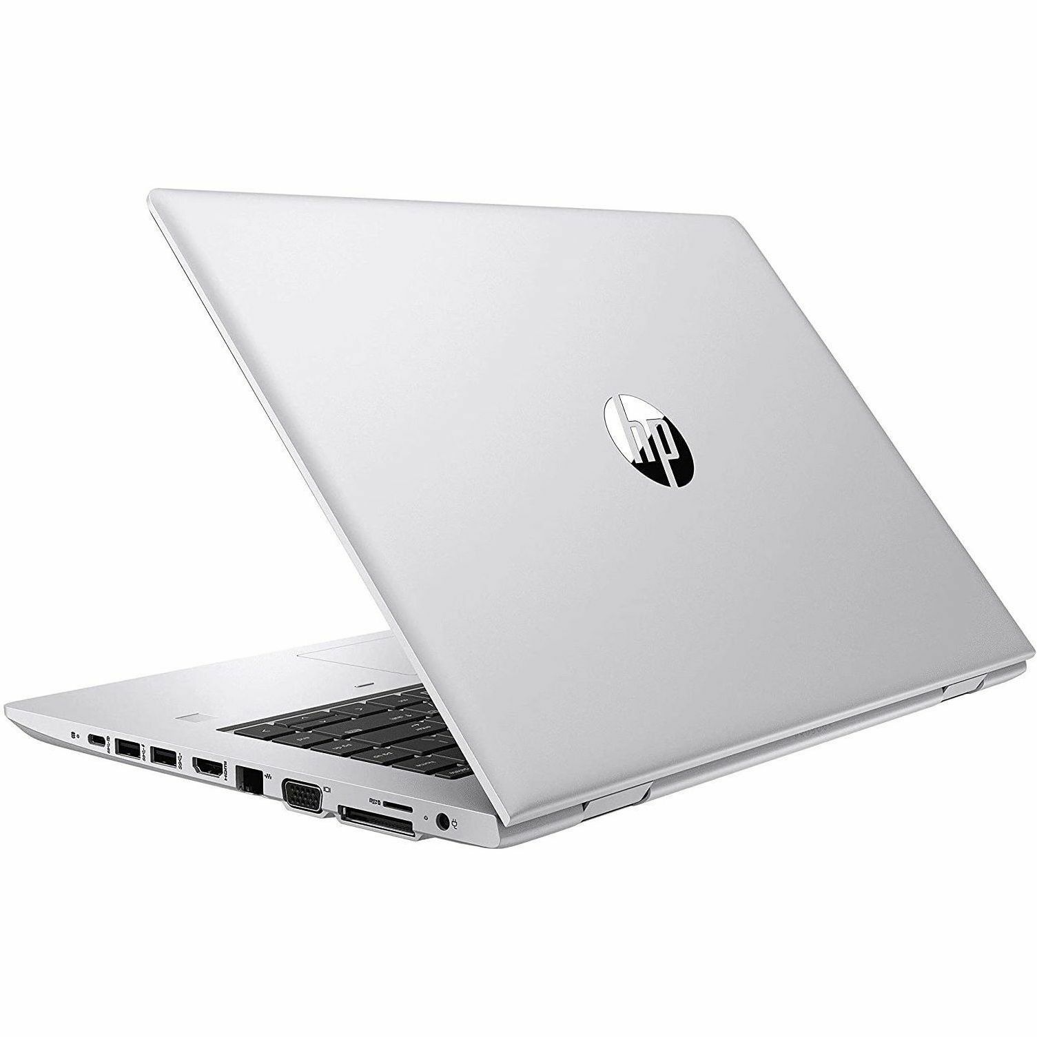 Refurbished HP 640 G5 business laptop with 14-inch Full HD display, Core i5, 16 GB RAM, and 256 GB SSD — top view