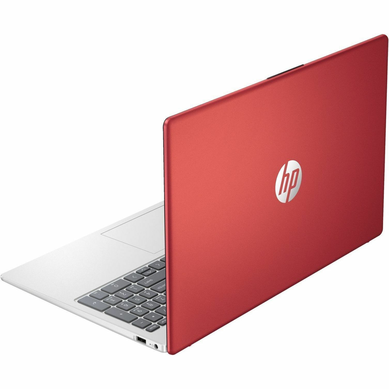Refurbished HP 15.6-inch laptop in Scarlet Red with Intel N200 processor and HD display — top view
