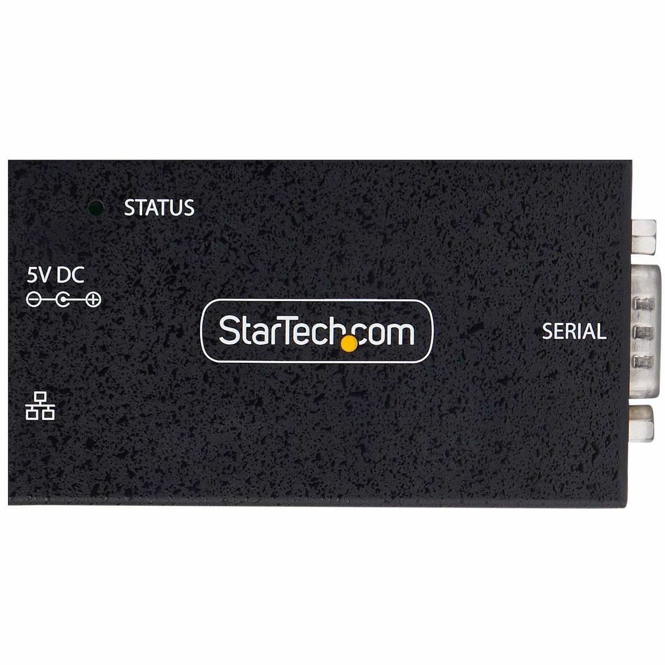 StarTech PoE serial to Ethernet adapter with DB9 port, RJ45 Ethernet, and wall or DIN rail mounting — top view