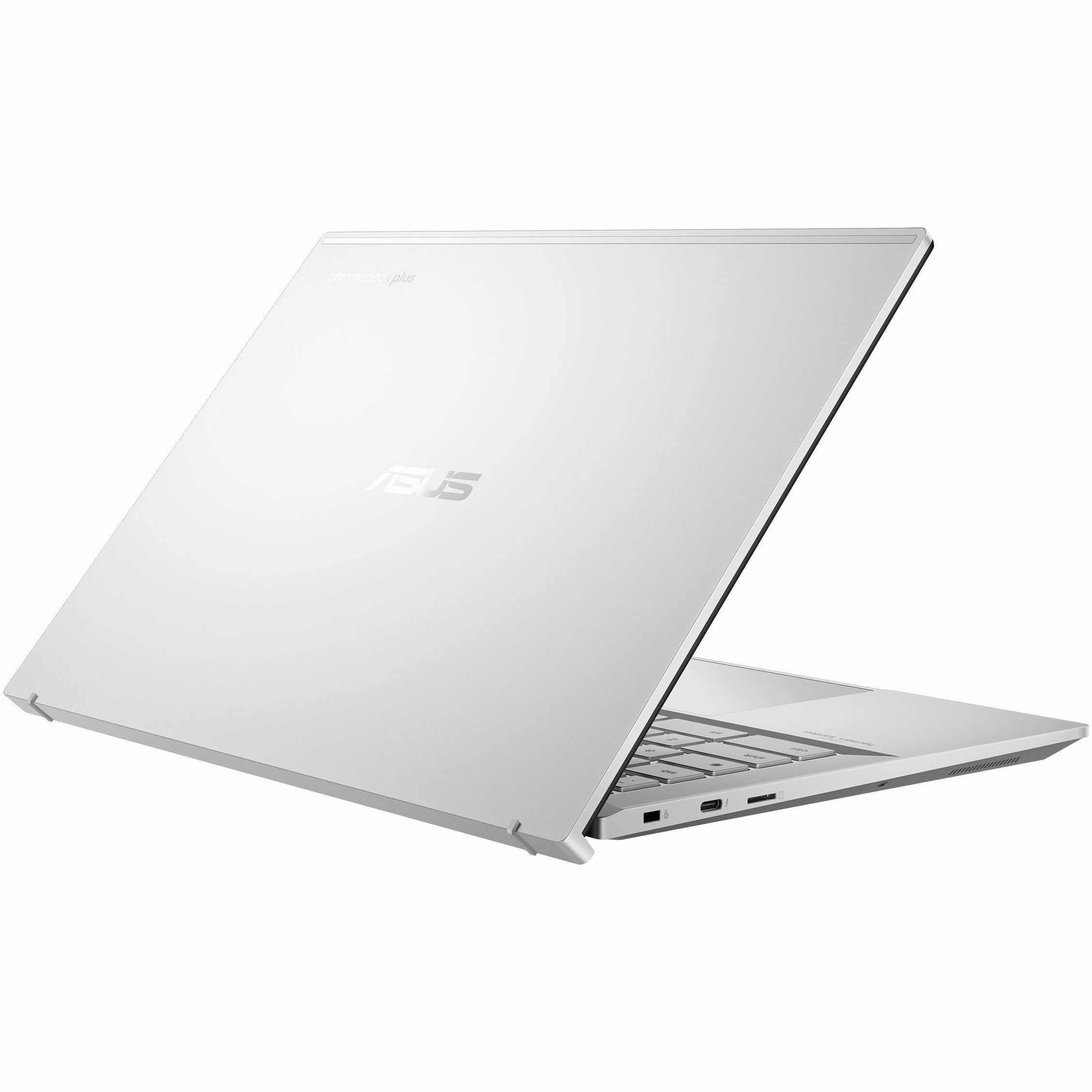 ASUS Chromebook Plus Enterprise silver laptop with 14-inch WQXGA display, Intel Core Ultra 5 115U, 8 GB RAM, and 256 GB SSD — top view