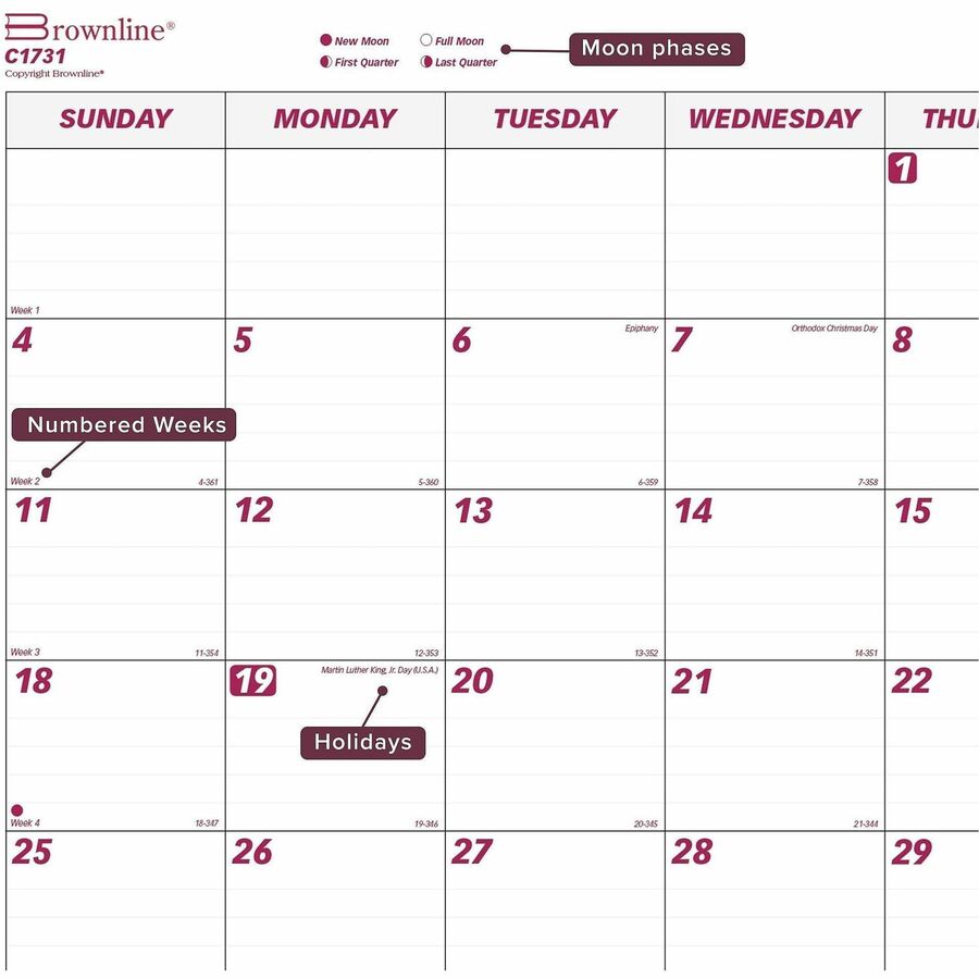 REDC1731 Brownline Monthly Desk Pad Calendar 22x17 White Burgundy Sheets Black Binding 12