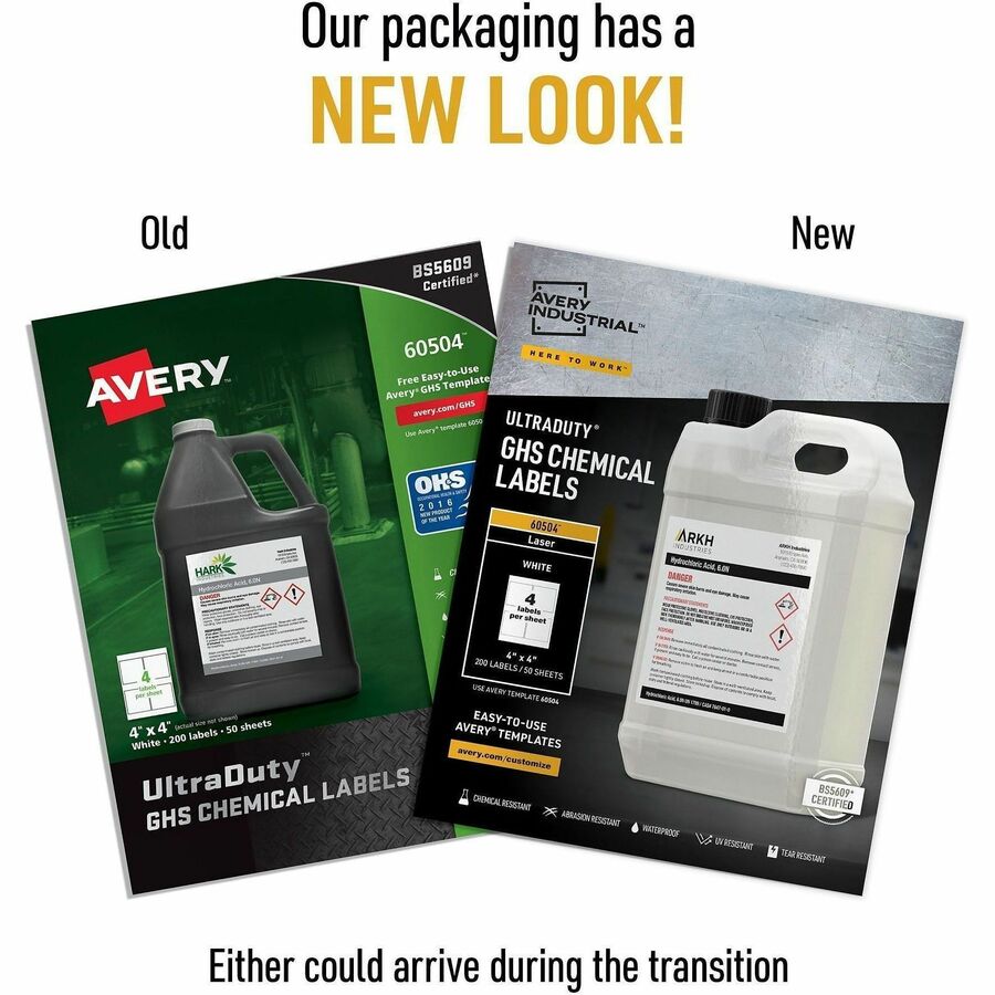 Avery&reg; UltraDuty™ GHS Chemical Labels 4" x 4" , Permanent Adhesive, for Laser Printers