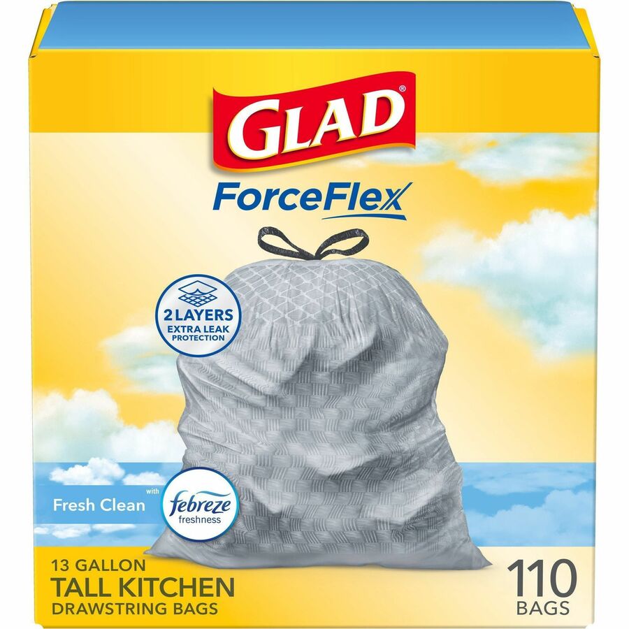 Glad ForceFlex Tall Kitchen Drawstring Trash Bags - Gain Original with  Febreze Freshness - 13 gal Capacity - 25.38 ft Width x 33.75 ft Length -  0.72 mil (18 Micron) Thickness - White - 110/Box - Home, Office, Kitchen,  Breakroom - Filo CleanTech