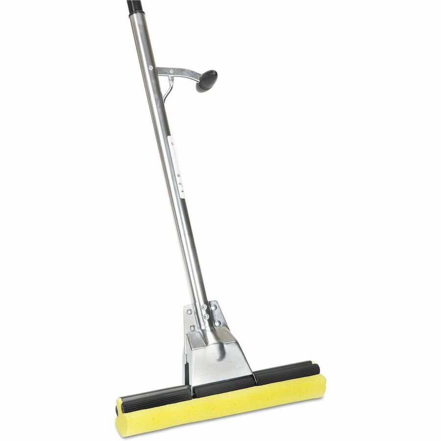 NSN3837799 - Sponge Roller Mop features an extra-wide wet roller sponge mop, measuring 12" , with an angled head for easier cleaning. Side-pull level allows for effortless wringing. Two-piece metal handle includes a swivel hanger hole for easy storage.