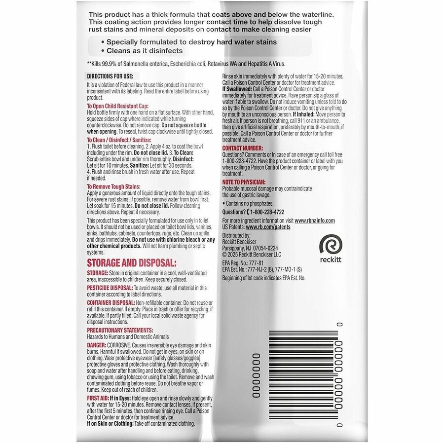 Lysol Toilet Bowl Cleaner - For Toilet Bowl, Toilet, Restroom - 24 fl oz (0.8 quart) - Recommended For: Stain Remover, Bacteria Remover, Virus Remover, Odor Remover, Hard Water Deposit Remover - Disinfectant, Deodorize - Black - 4 / Carton