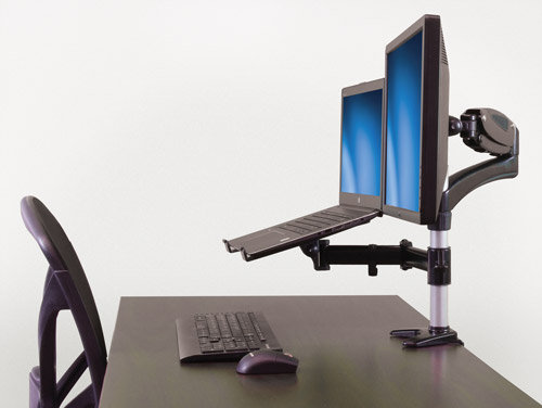 A monitor and laptop mounted on a desk using the ARMUNONB