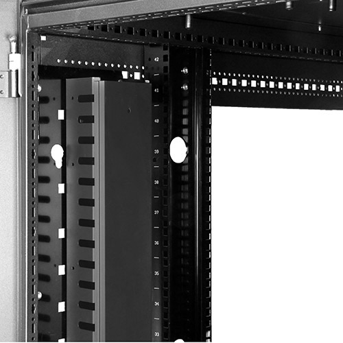 Photo showing the cable management panel installed in a rack using the tool-less mounting method