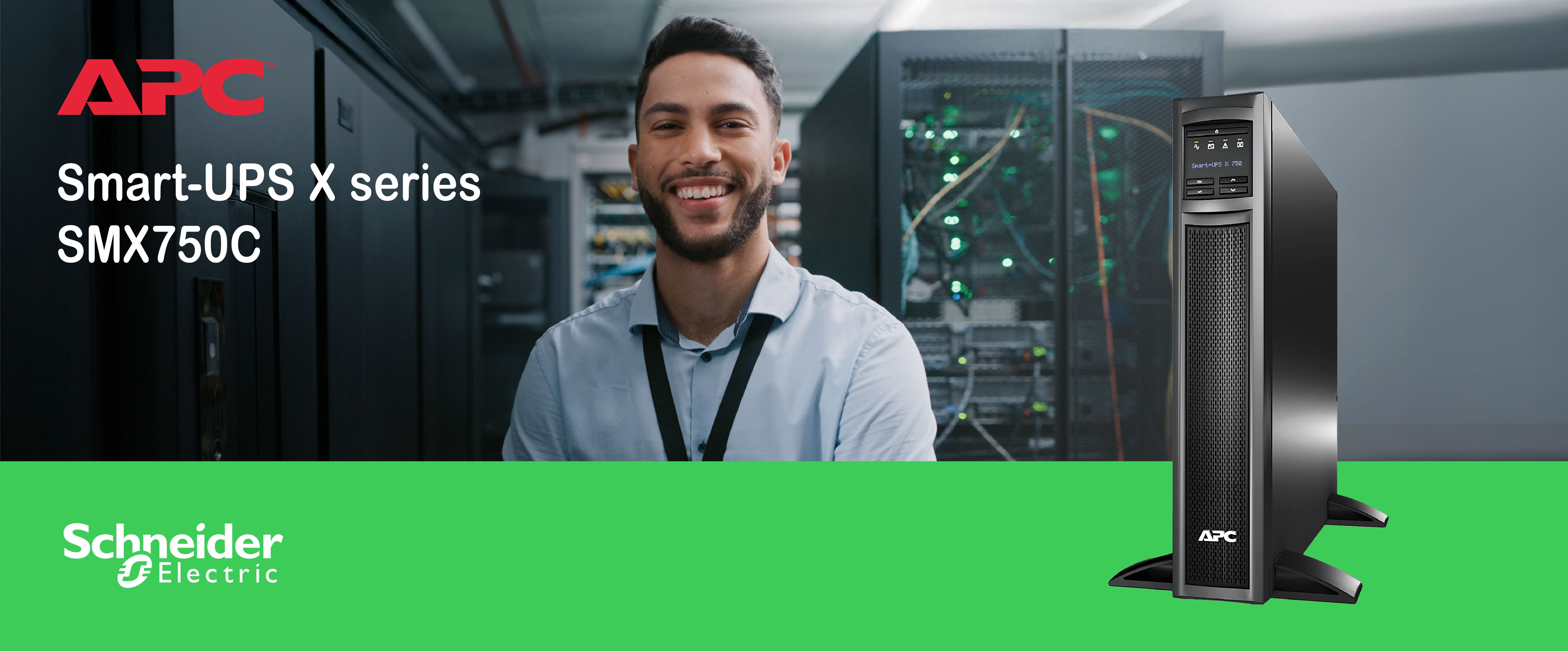 man in a data centre in the background