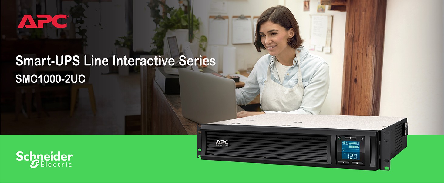 APC Smart-UPS with a woman in a retail setup in the background