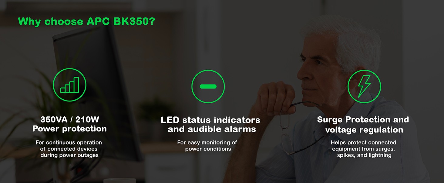Features of APC Back-UPS including its wattage, physical features, audible alarms and battery status.