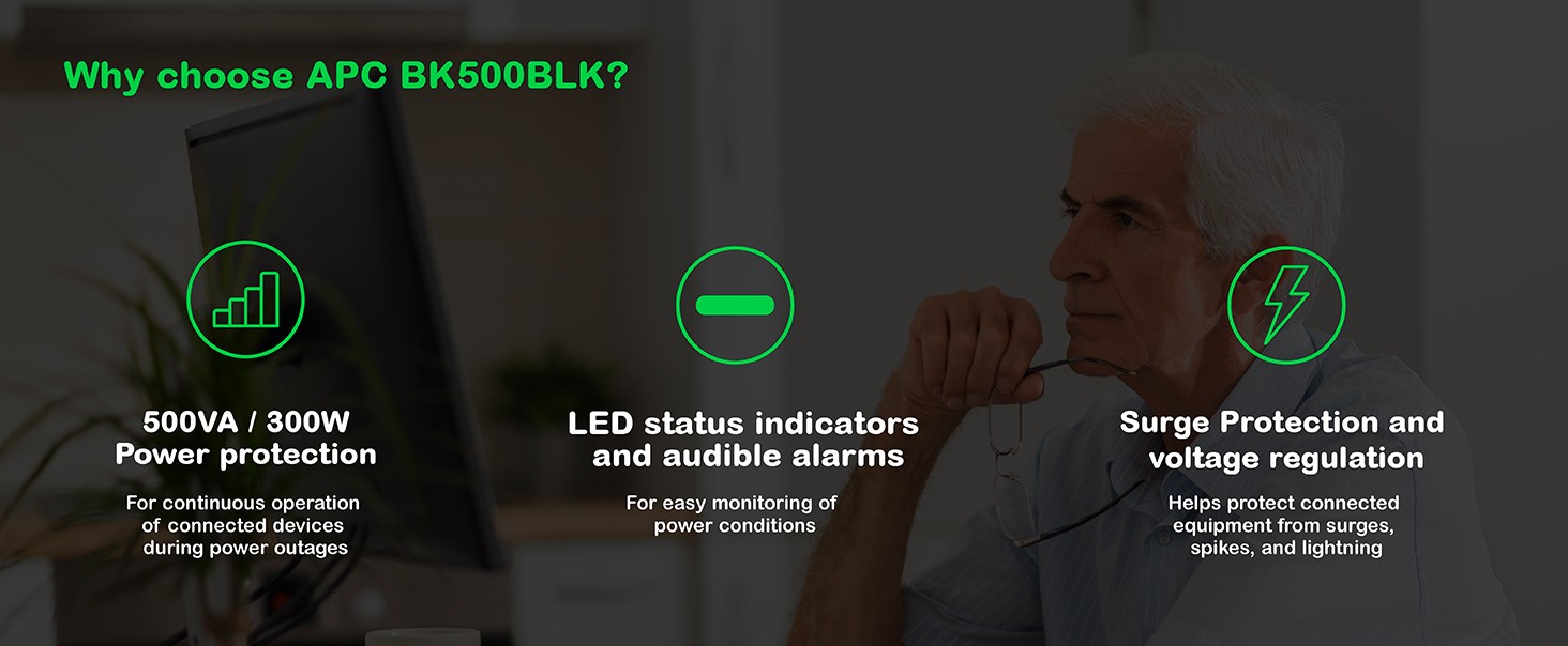 Features of APC Back-UPS including its wattage, physical features, audible alarms and battery status.