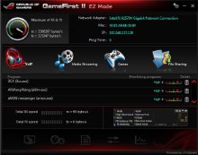   <center><b>Frag the Lag</b></center>The latest Intel Gigabit Ethernet frees the load from the processor and enhanced connection stability—a double win for online gaming. Adding more online game optimizing support is ROG GameFirst II with game-packet prioritization. Featuring two modes, GameFirst II EZ Mode lets you effortlessly select settings to lower lag; while Advanced Mode gives you full control. Either way, game up to eight times faster than just standard Ethernet even with heavy network 