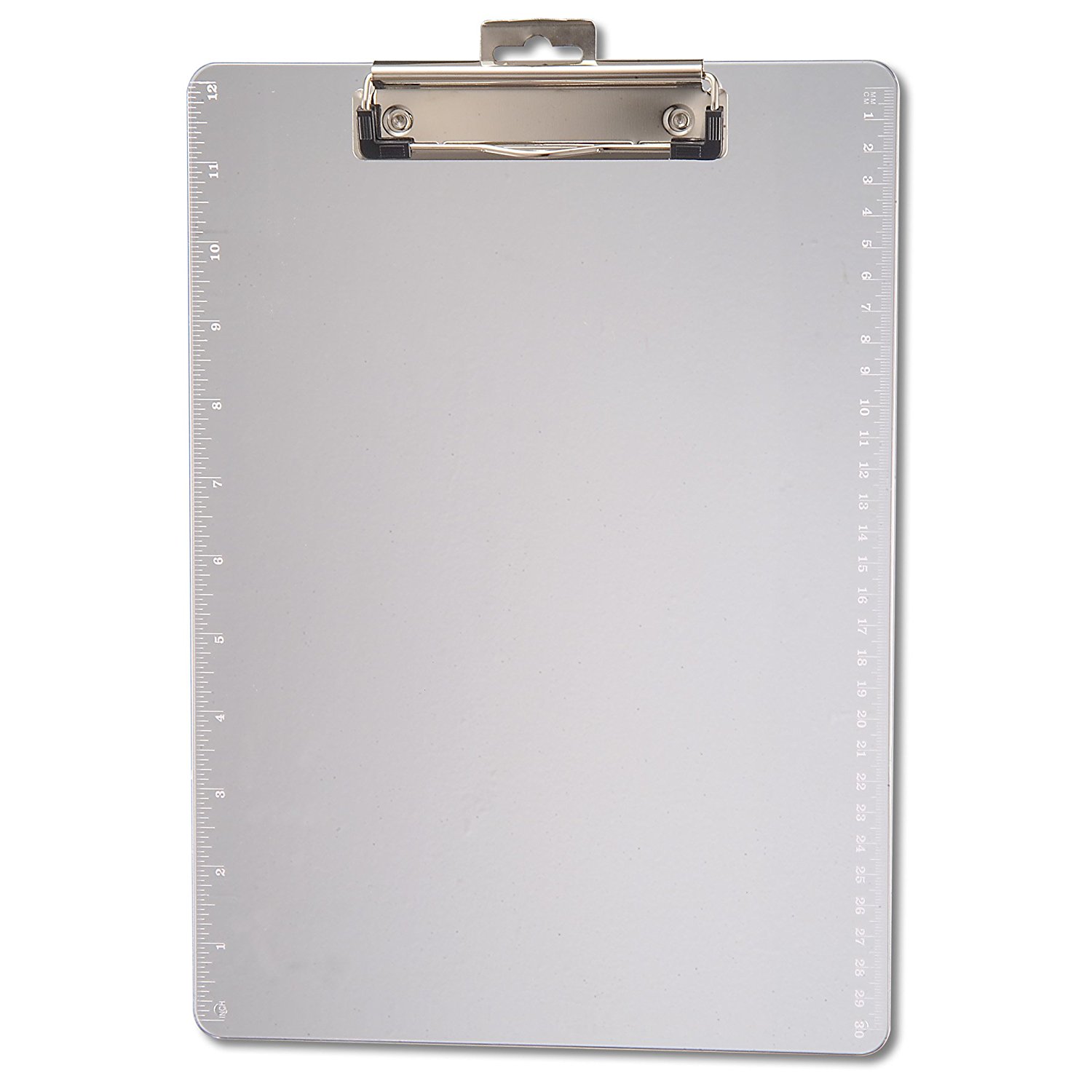 Plastic clipboard with strong low-profile metal clip