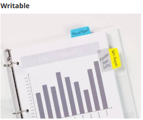 Write with most pens, pencils, markers and highlighters on see-through writeable body and two-sided, paper-covered tabs.
