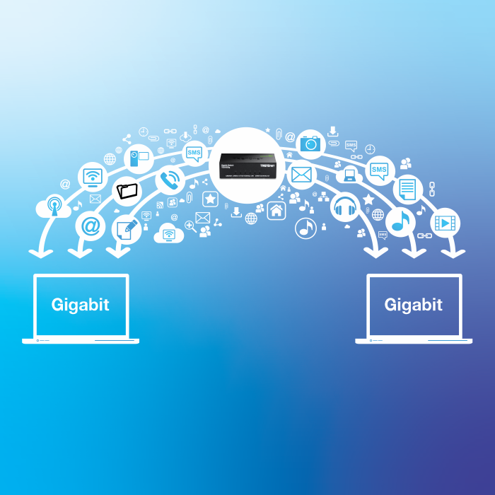 Network device facilitating gigabit data transfer between two laptops, with icons representing various data types like email, music, and video.