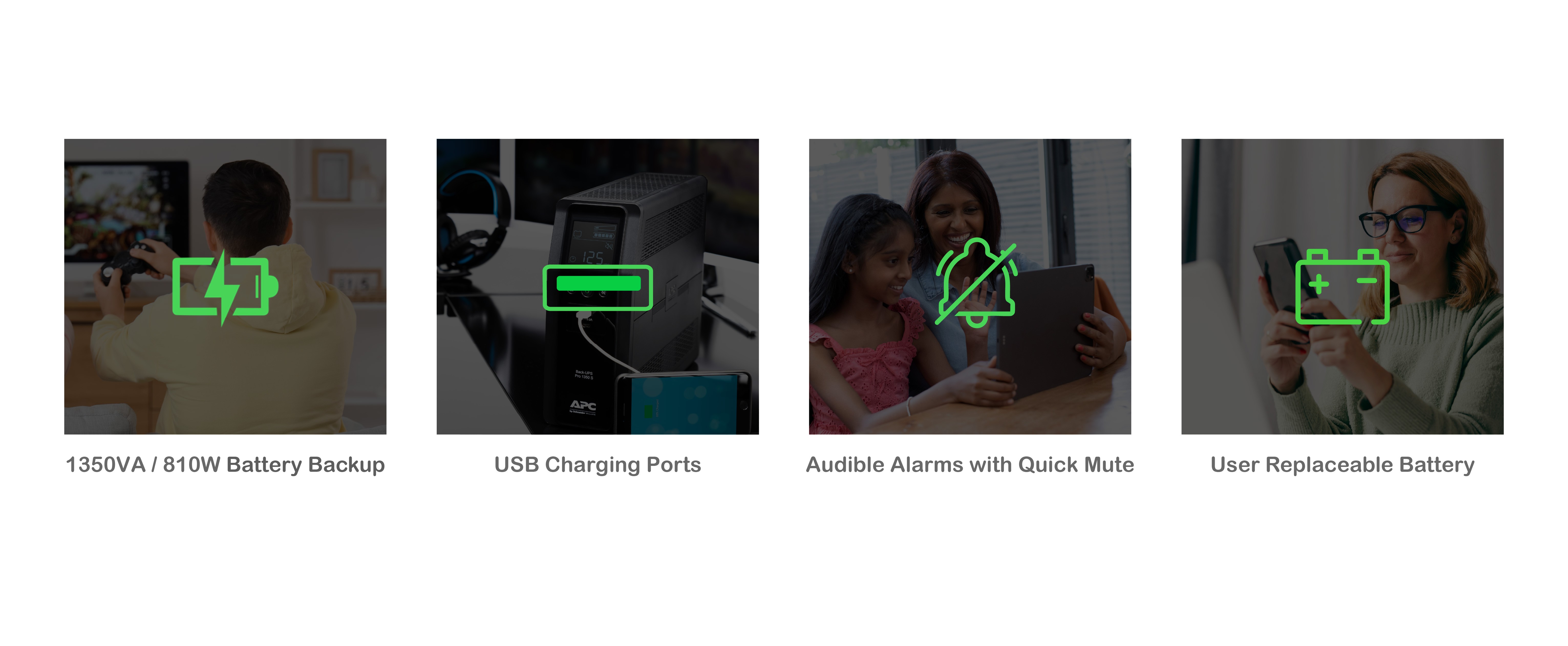 Features including its wattage, runtime, audible alarms and battery status.