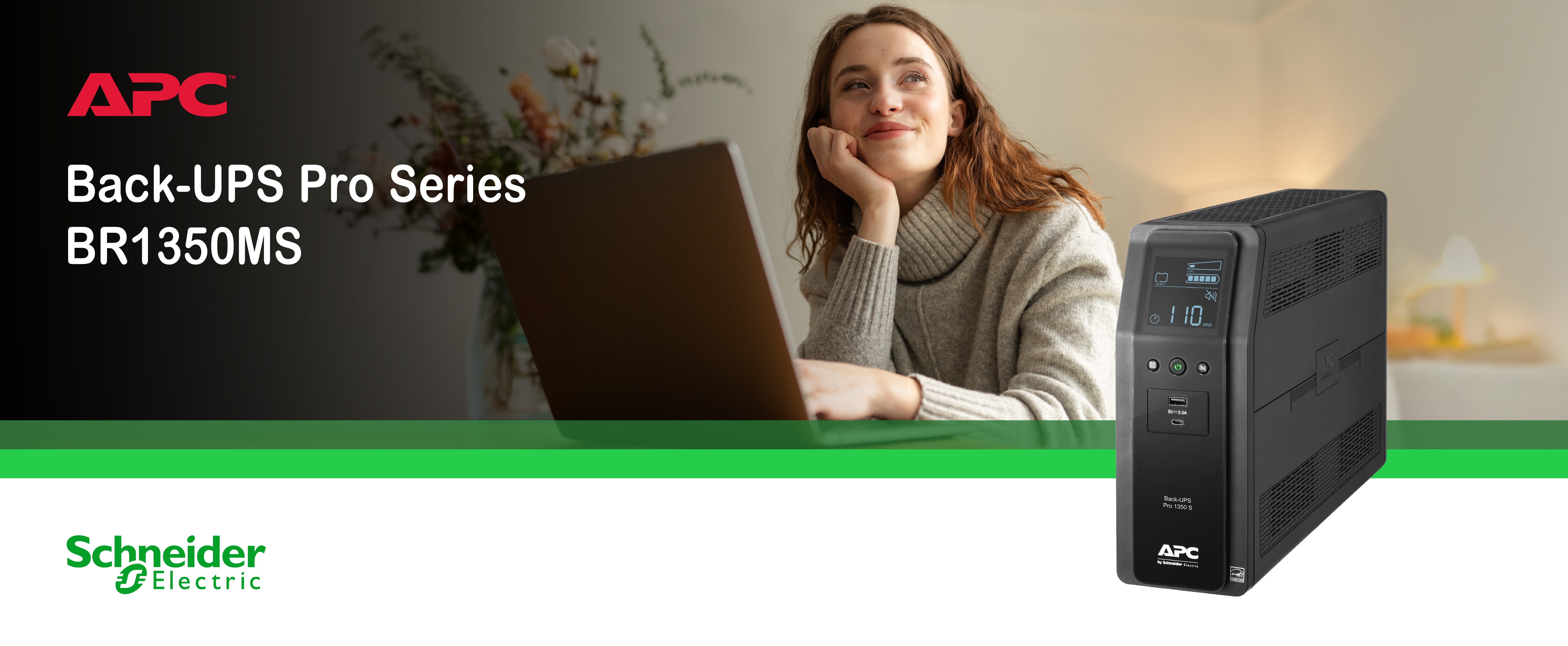 APC Back-UPS with woman working in a home office