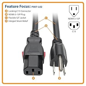 Heavy Duty AC Power Cord 1ft To 25ft - NEMA5-15P To IEC320 C13, 16 AWG, 13A 125V By KABLENATION