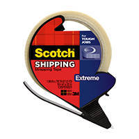 <b> Scotch® Extreme Shipping Strapping Tape </b></br> Our strongest strapping tape. </br>Made for the toughest jobs. For ultimate
security, it features bi-directional reinforced
fibers and delivers a tensile
strength of greater than 140 lbs per inch