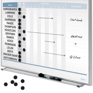 Includes marker, black magnetic in/out circles, Quartet dry-erase marker and attachable marker tray

