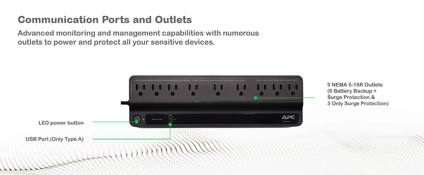 A powerful Back-UPS featuring multiple ports, and battery power and surge outlets
