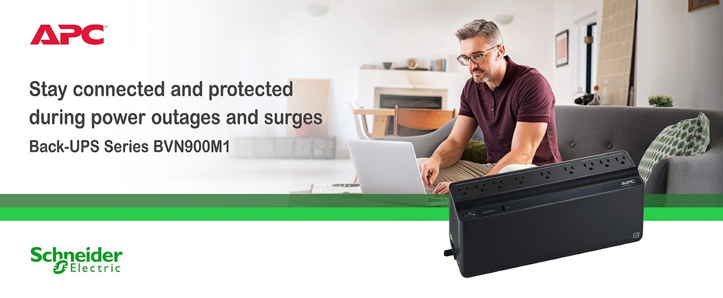 APC Back-UPS with man working in a home office