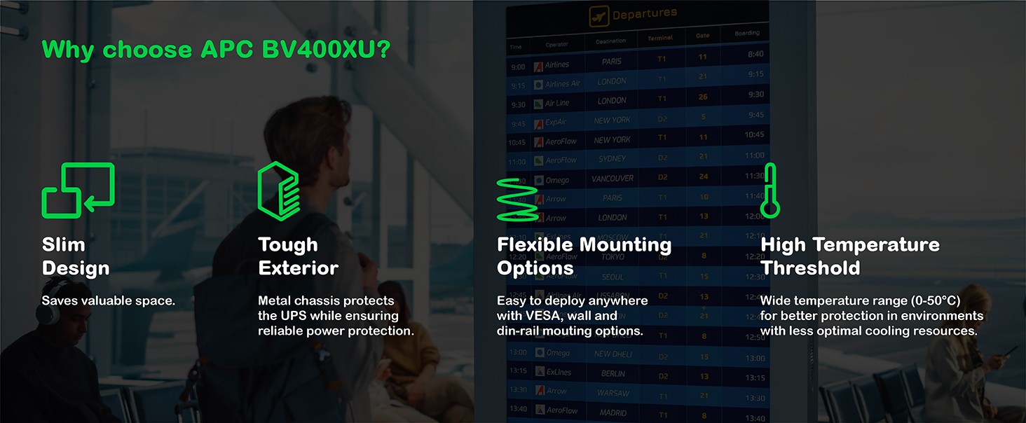 Features of APC Back-UPS including its wattage, runtime, audible alarms and battery status.